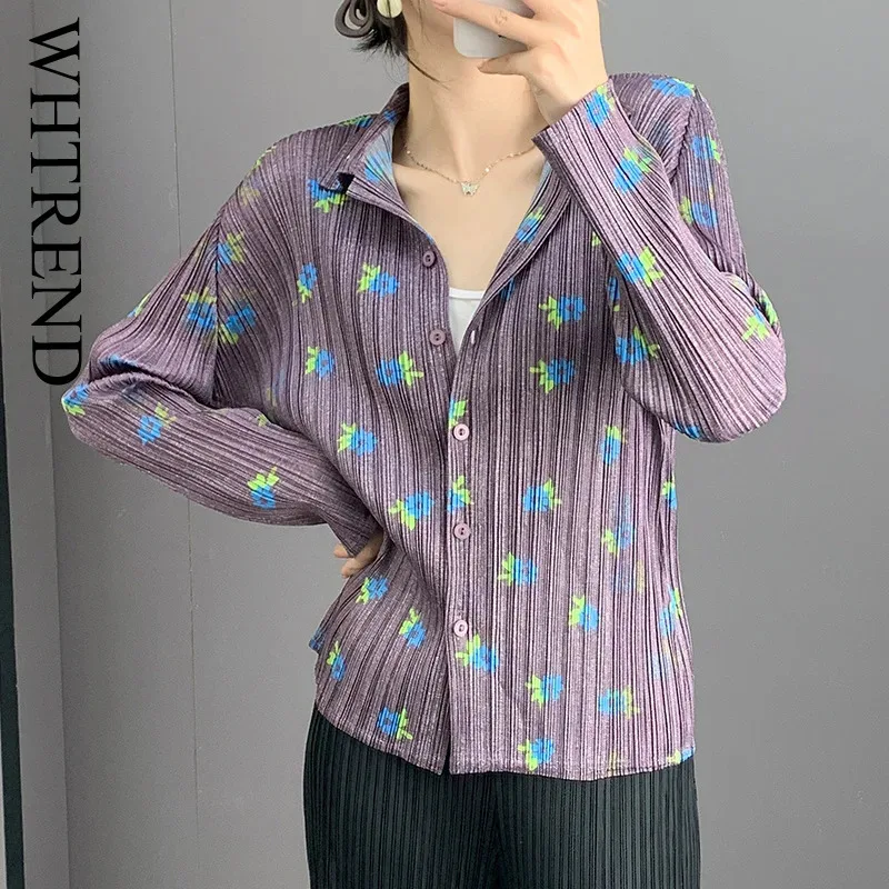 

WHTREND Printed Shirts For Women Laple Long Sleeves Single Breasted Thin Pleated Shirt Female Casual Clothing New WH1137