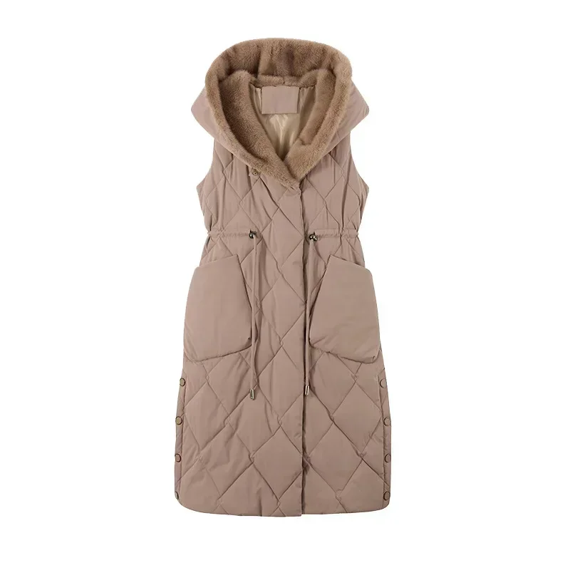 Autumn and Winter Down Cotton Vest Women\'s Mid to Long Style Waist Cinched, Camisole, Warm Vest Hooded Sleeveless Jacket