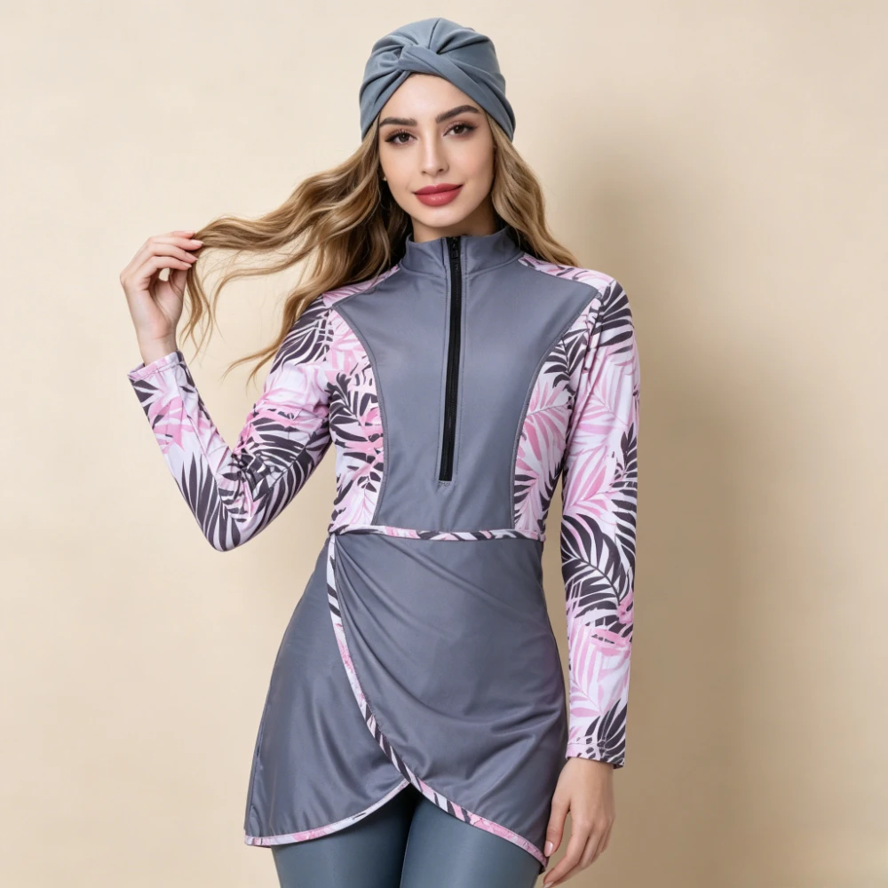 Muslim Burkini Swimsuit for Women, 3-Piece Swimwear with Hijab, Long Sleeve Printed Conservative Bathing Suit, Islamic Beachwear