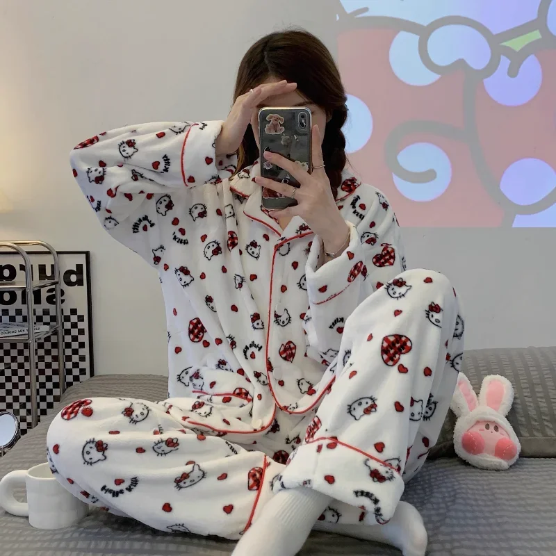 Hello Kitty Winter Coral Fleece Pajamas Warm Thickened Flannel Lapel Long Sleeve Two-piece Set Women\'s Pajamas Sanrio Loungewear