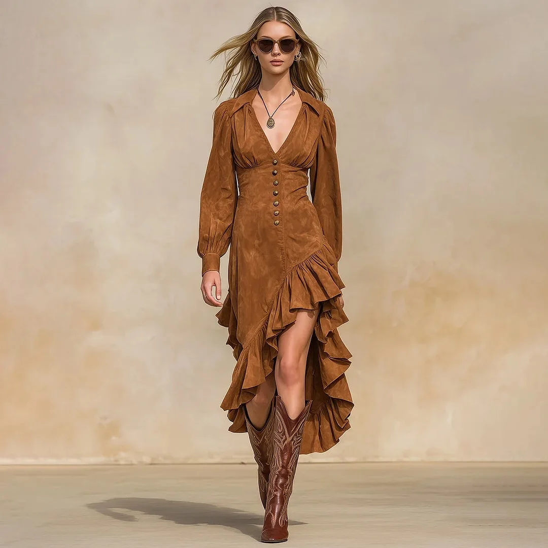 

Lapel Long Sleeve Party Dress Elegant Solid Color Slim Single-breasted Long Dress Women Fashion Ruffles Hem Maxi Dress 2025