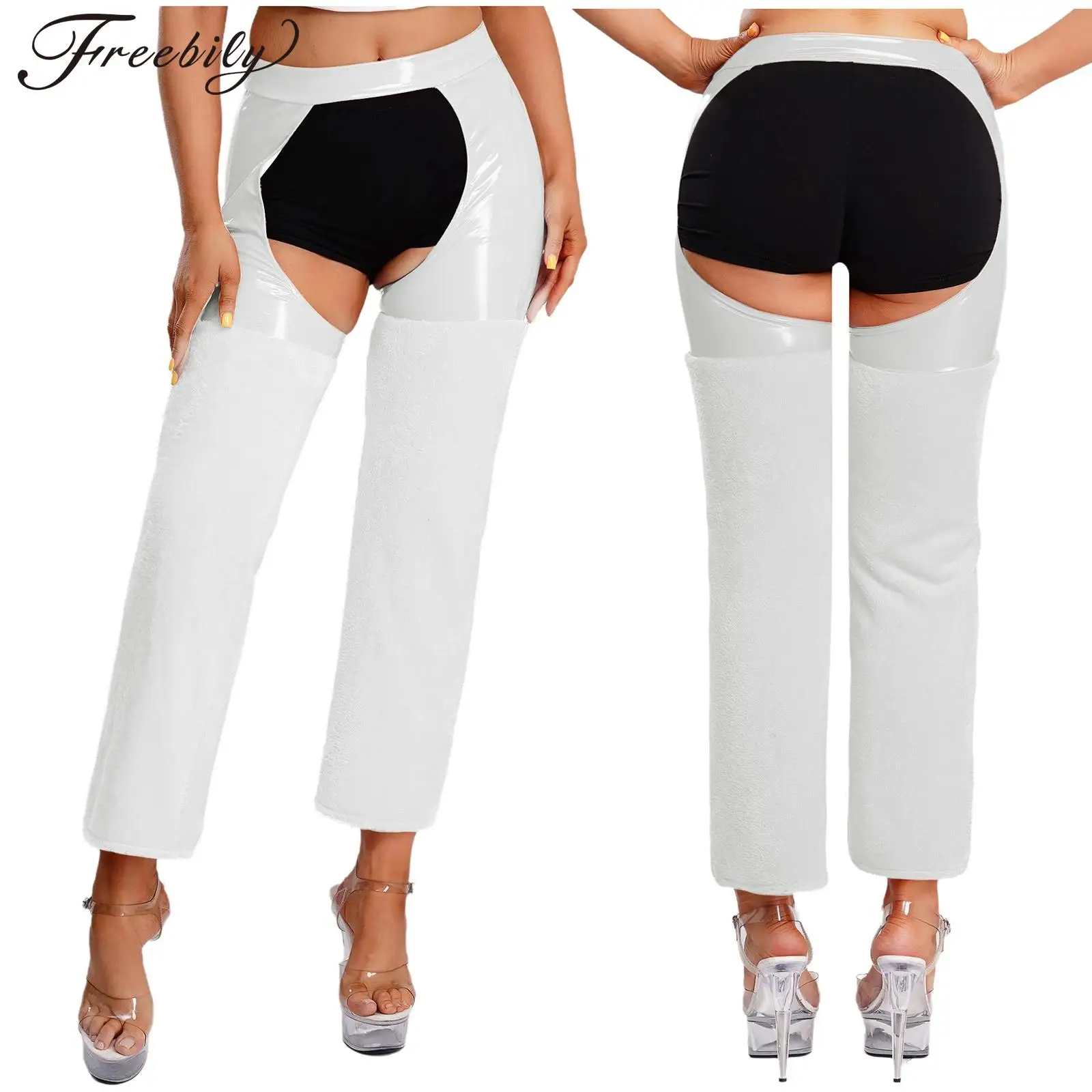 

Women Glossy PU Plush Flannel Crotchless Chaps Pants Wide Legs High Waist Open Butt Trousers for Raves Party Nightclub Nightwear