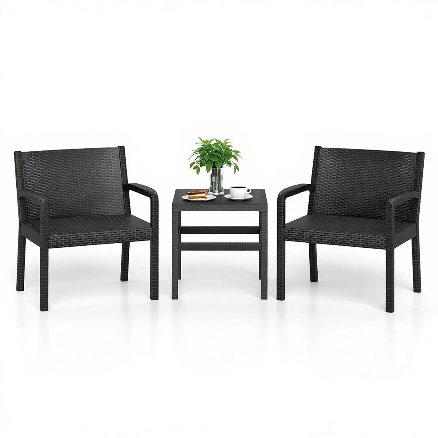

3 Piece Patio Furniture Set PP Rattan Wicker with 2 Armchair & 25" Side Table for Patio Garden Poolside Bistro, Customized