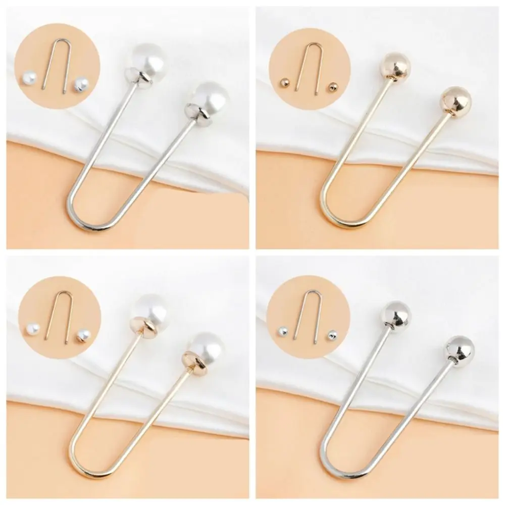 Elegant U-shaped Double Head Brooch Women Shawl Jeans Waistline Fixing Buttons Screw On Pearls Buckle Clothing Decor Accessories