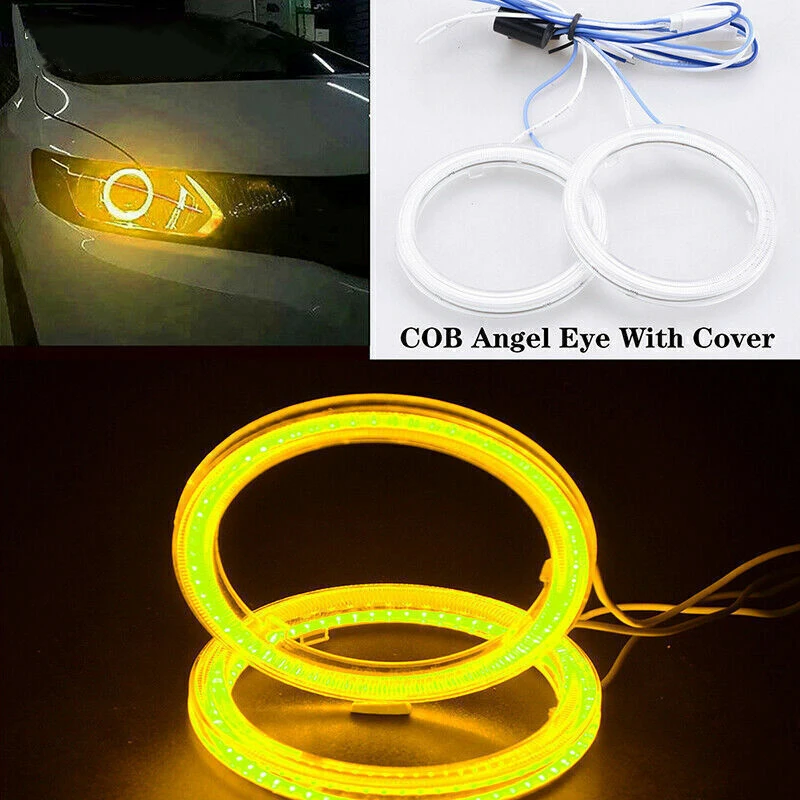 2Pcs Yellow 60mm/65mm/70mm/75mm/80mm/85mm/90mm/95mm/100mm/110mm/120mm Car COB LED Angel Eyes Halo Ring Fog Light Lamp Headlight