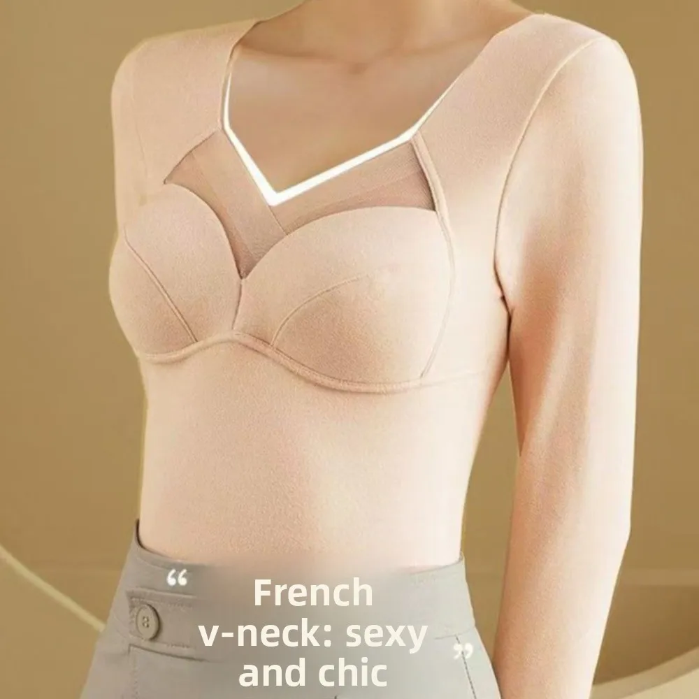 V Mesh Neck Women Thermal Clothes Invisible Velvet Fleece Thermal Underwear Solid Color Feel Heating Warmth Long Tops Lady