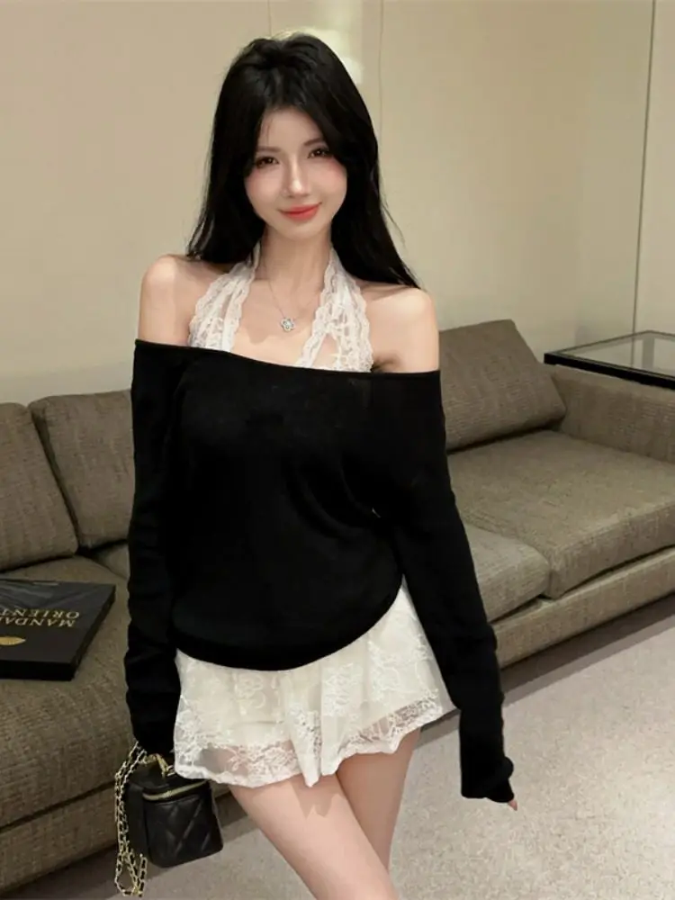 

2026 New White Lace Halter Top And Black Knitted Shoulder Bared Two Piece Set for Trendy Women Long Sleeve Slim Fit Fashion Set