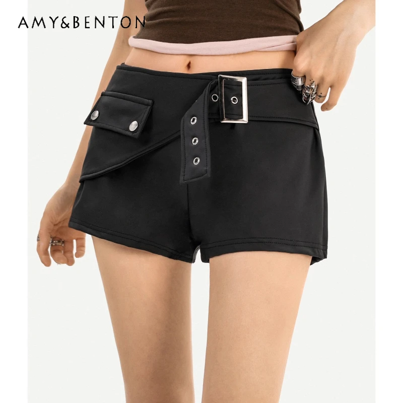 

American Retro Hot Girl Black Women's Leather Pants Autumn New High Waist Slimming Belt Decoration Cool Versatile Shorts Ladies