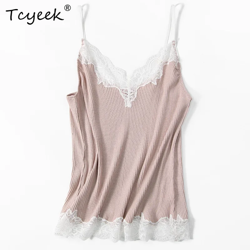 Tcyeek, 30% Natural Silk 70% Cotton Elegant Sling, Women V Neck Lace, Sext Thin Bottom Tank Tops, 2024 Summer Autumn P48572QC