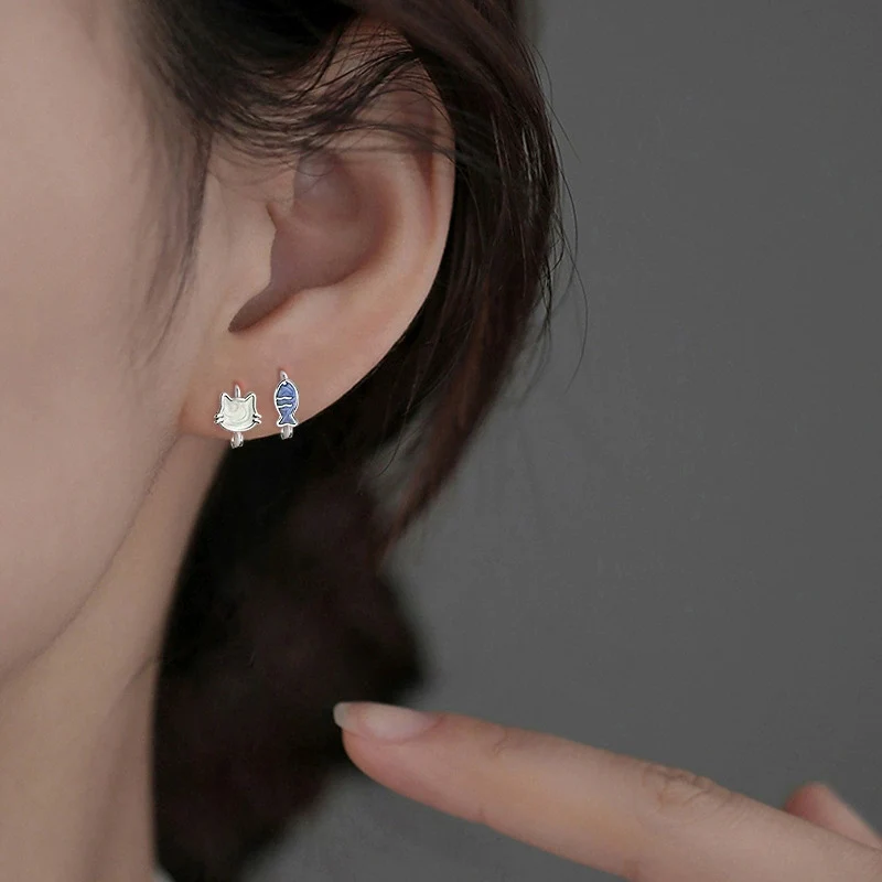 Blue White Cat Fish Ear Buckle Cute New Style Earrings with Ocean Theme Ear Jewelry Asymmetric Earrings For Women KOFSAC view 6