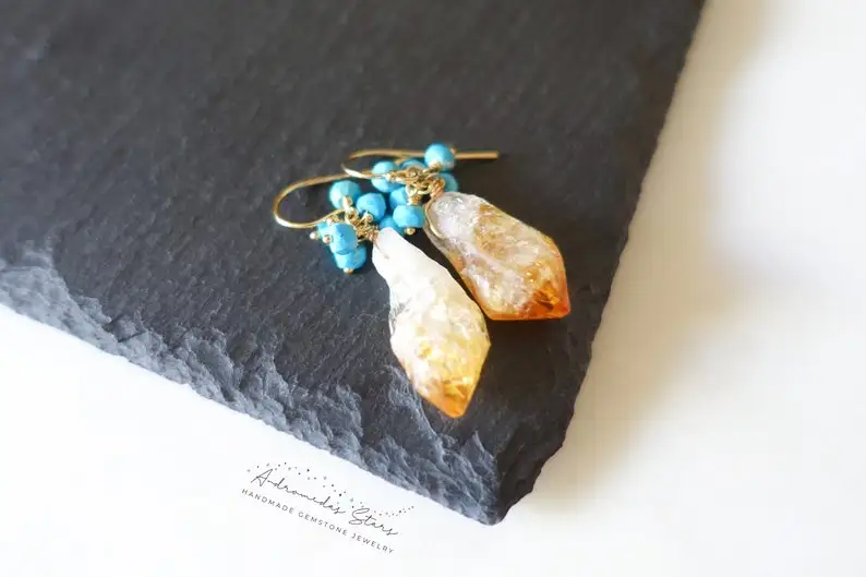 Raw Citrine Earrings, November Birthstone Jewelry, Turquoise Cluster Earrings, Raw Gemstone Earrings, Yellow