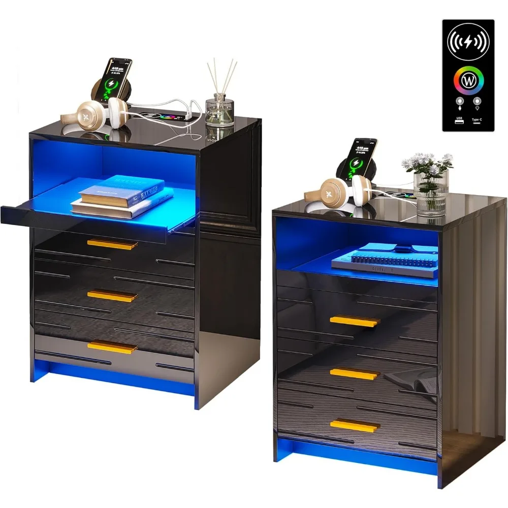 LED Nightstand Set of 2 with Wireless Charging Station, Smart Night Stand with 3 Drawers and Sliding Tray, Modern Bedside Table.