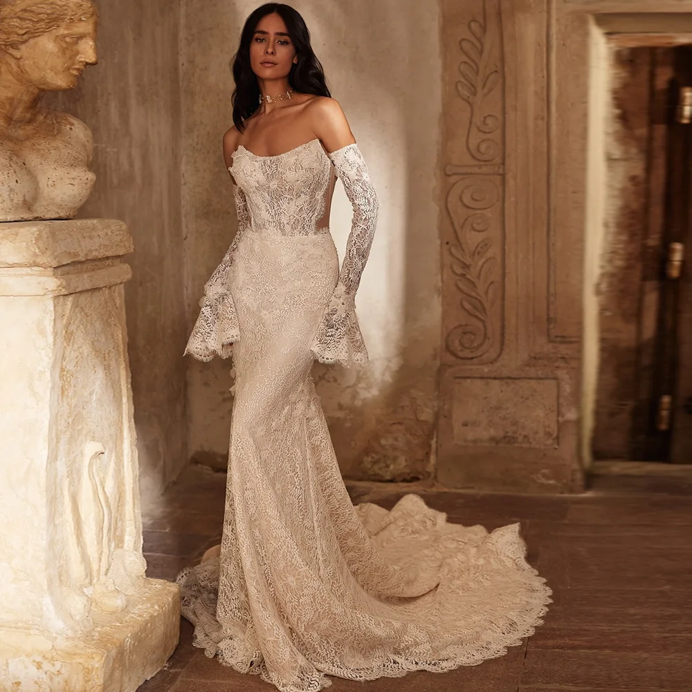 Exquisite Appliques Lace Customized Bridal Gowns Classic Strapless Sleeveless Wedding Dress Temperament Mermaid Vestido De Novia