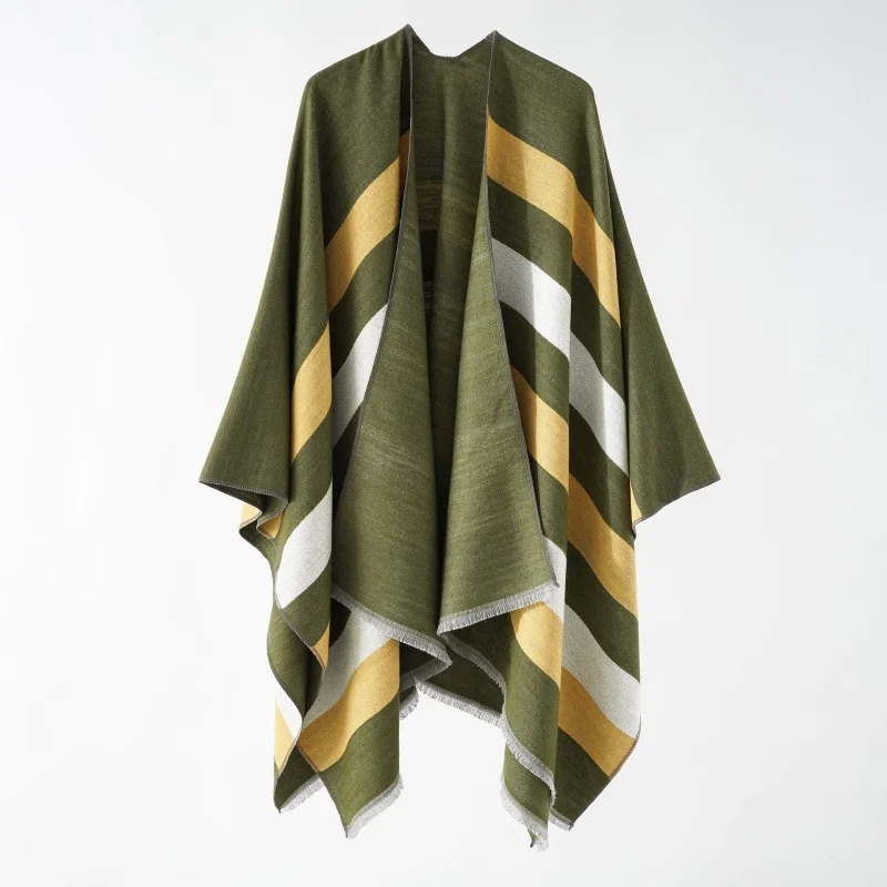 A lady\'s shawl with wide stripes cashmere-like women\'s multifunctional summer air-conditioned room split gold cloak shawl in aut