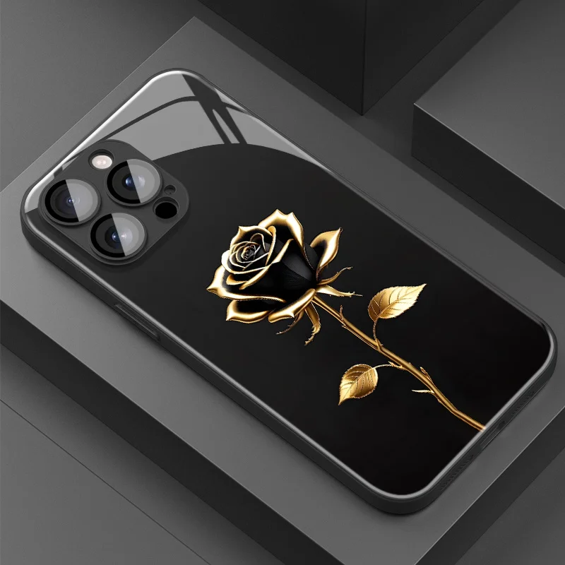 Simple Black And Gold Rose Pattern Electroplated Glass Phone Case, suitable for iPhone 18, 17, 17pro, 16, 15, 14,13, 12,11, etc.