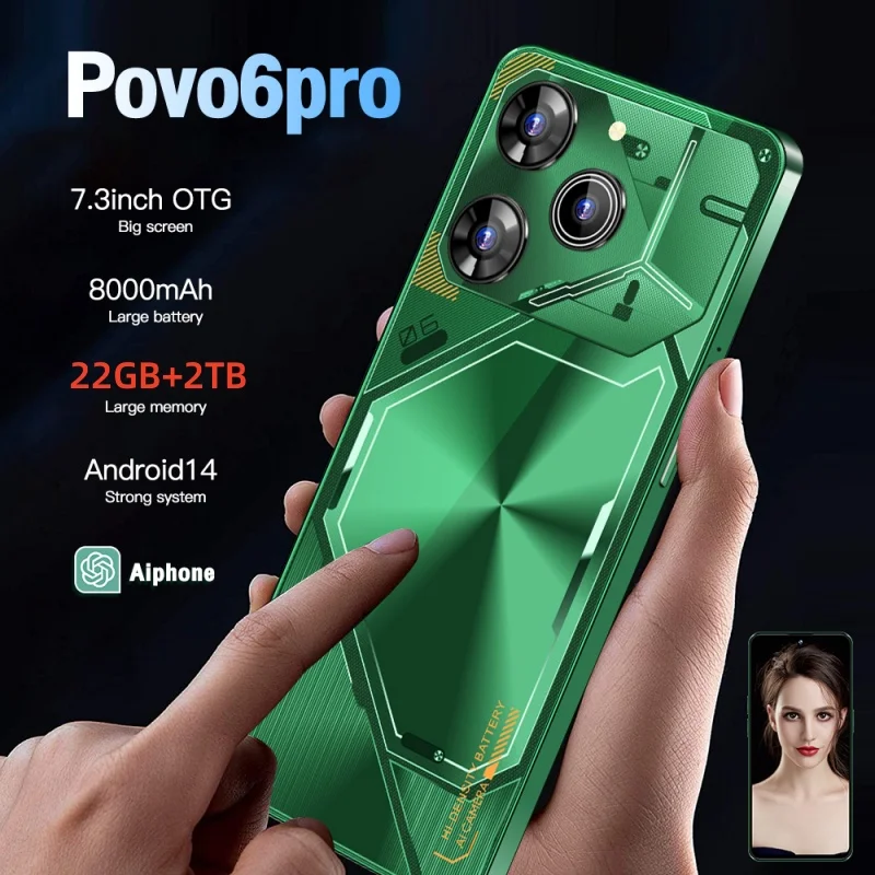 

Povo6 pro Mobile Phones 7.3 HD Screen SmartPhone Original 22GB+2TB 4G 5G Dual Sim Celulares Android Unlocked 8000mAh Cell Phone