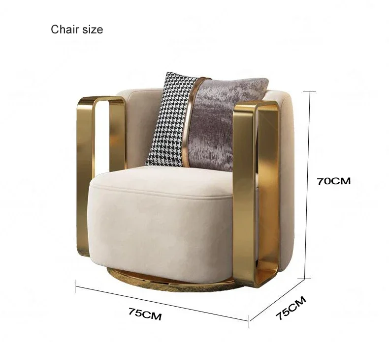 Sillón giratorio de tela moderna, sillón individual de terciopelo con estructura de metal dorado de lujo para muebles de sala de estar