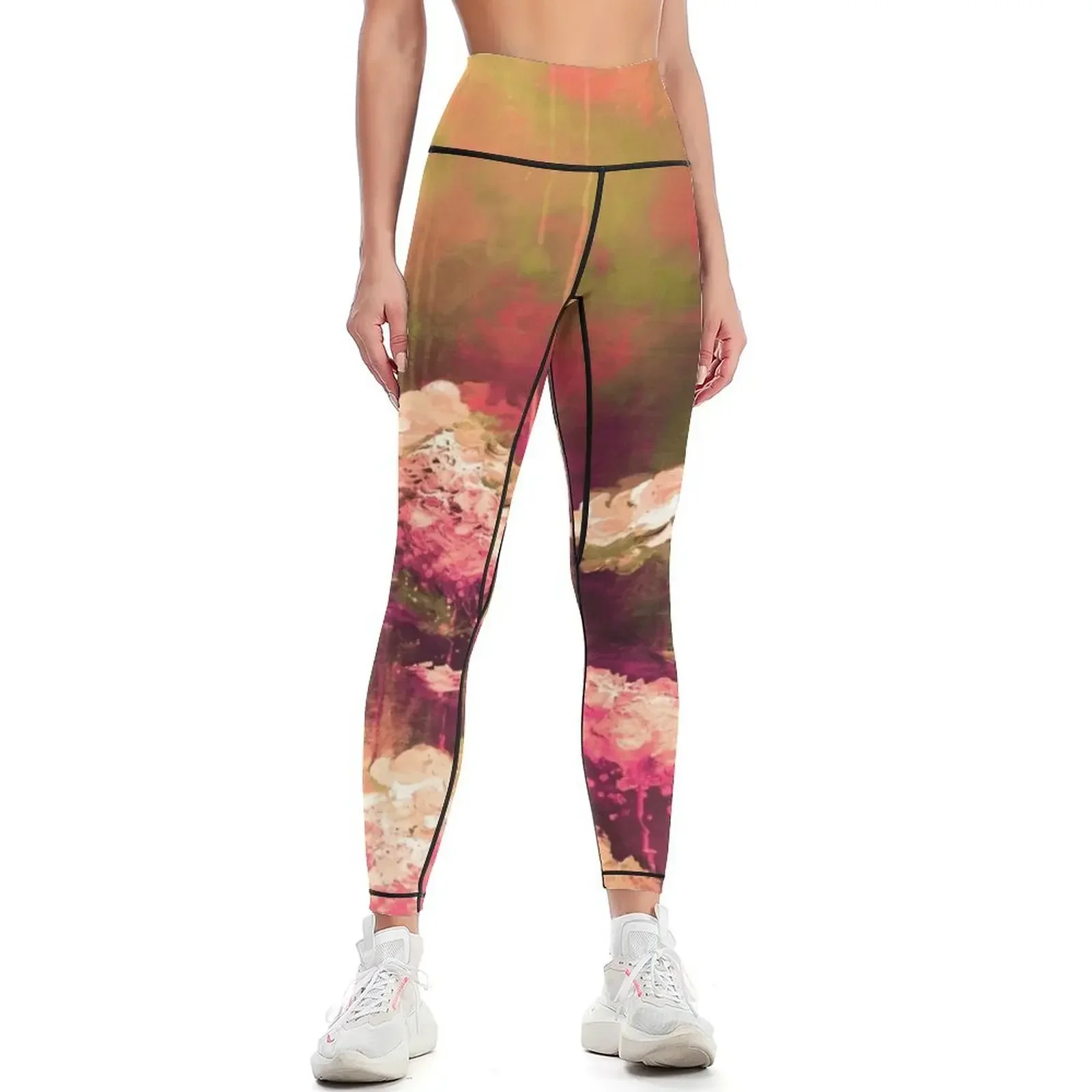 Leggings de arte fino con pintura acrílica abstracta de flores en colores rosa intenso, Marsala y verde oliva, de la colección ITS A ROSE COLORED LIFE