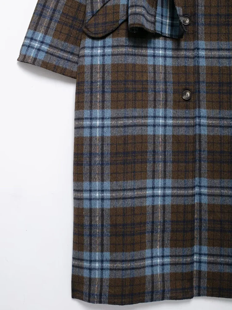 2024 herbst/Winter Europäischen Stil Damen Retro Casual Schal Kragen Blau Plaid Woolen Langen Mantel