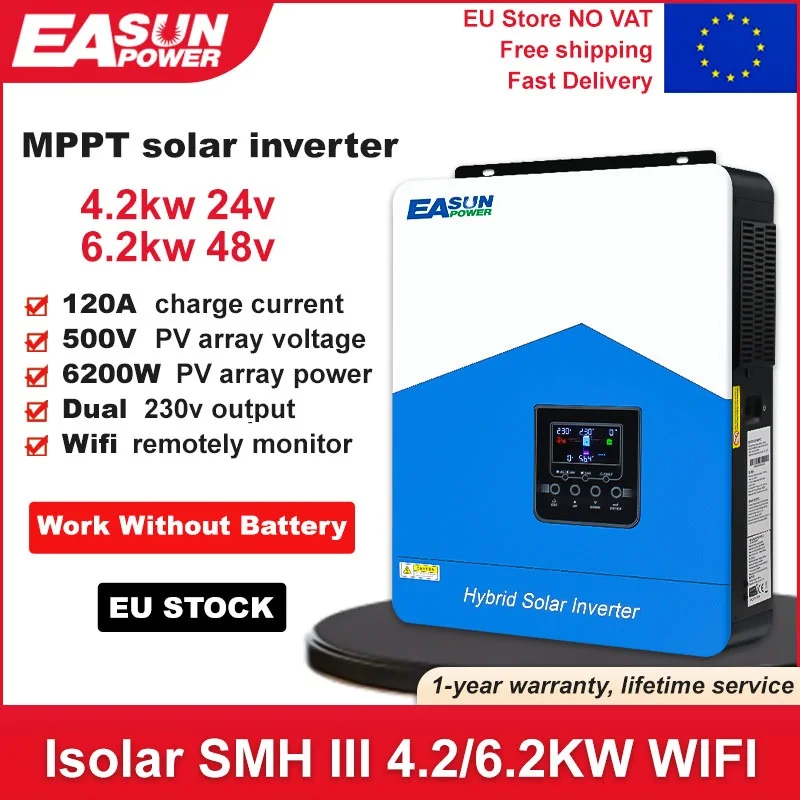 Easun Power 4.2kw 24v 6200w 48v MPPT Hybrid Off Grid Dual Output Pure Sine Wave 120a 230v 50/60hz Solar Inverter Charger