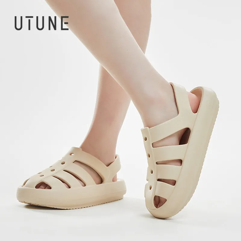 UTUNE-Roman Sandals for Men and Women, Couple Outdoor Beach Shoes, Thick Cushion, Breathable, Non-slip, Platform Sandal, White