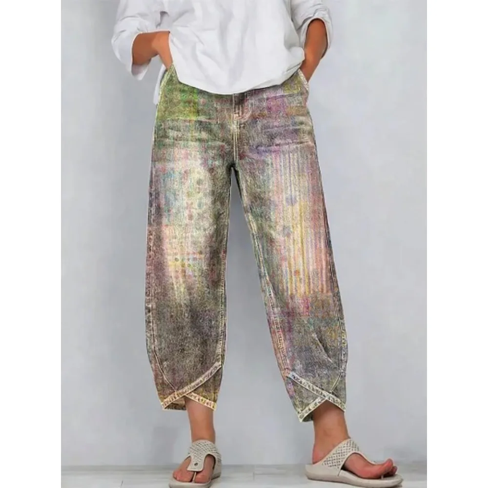 Kurze Harem-Capri-Hose mit abstraktem geometrischem Aufdruck für Damen, Baumwolle, lockere Passform, Tulpen-Wickelhose, knöchellange Freizeithose, XXS-4XL – Detail 14