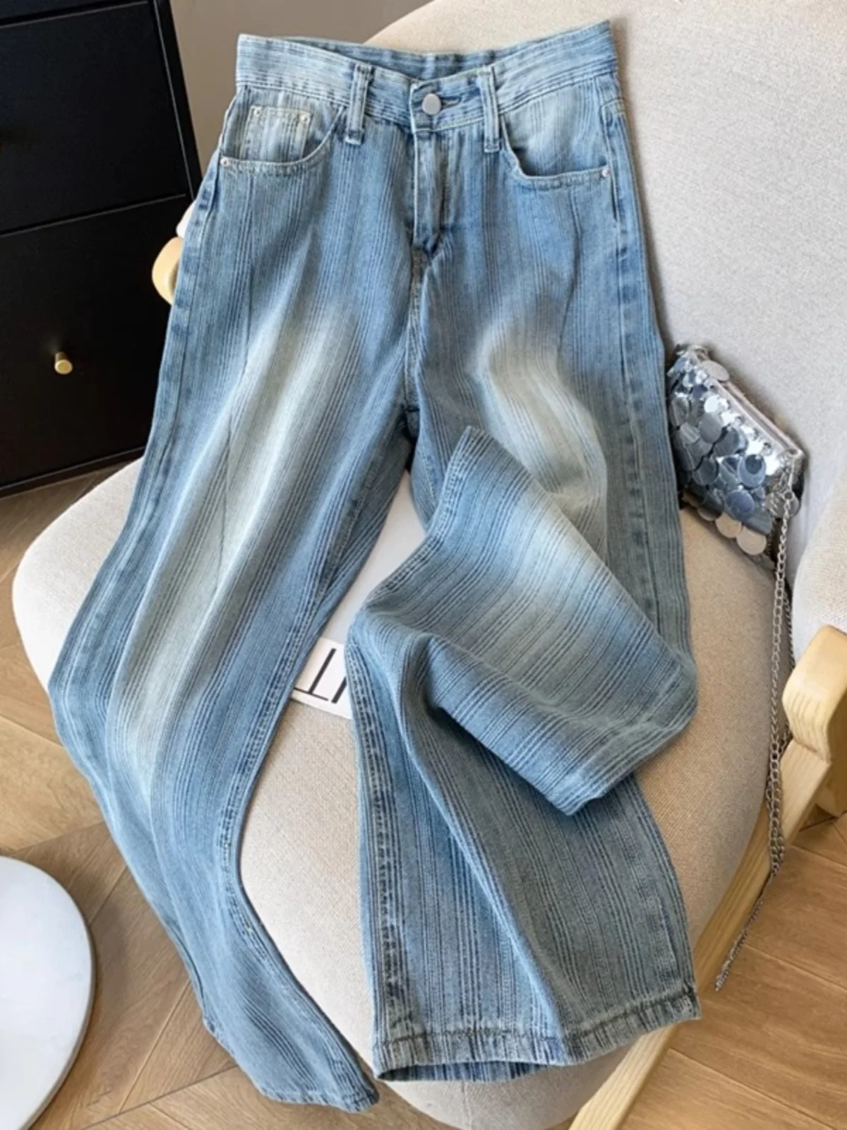 

Мужские джинсы с синей текстурой в стиле ретро, повседневные широкие джинсы свободного кроя, весенне-осенние джинсовые брюки прямого кроя, молодежный тренд