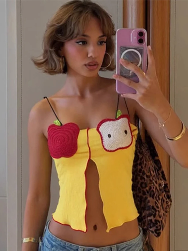 

Cotton Embroidery Contrast Women's Sling Blouse Solid Knitted Backless Sleeveless Crop Top Female 2025 Spring Lady Streetwears