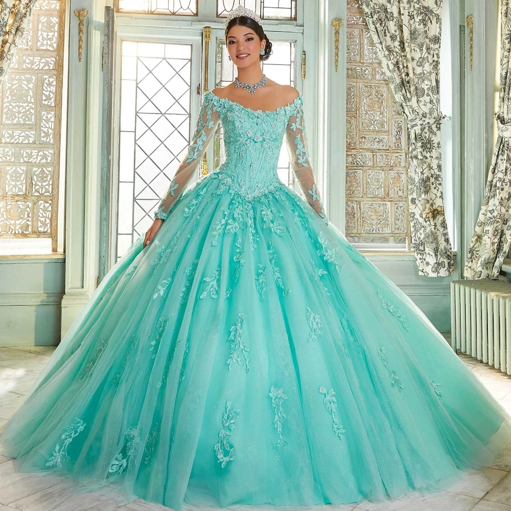 EVLAST-vestido De Quinceañera De manga larga De encaje con purpurina, 2024, apliques florales en 3D, cuentas dulces, 16 Vestidos De 15 Años, TQD147