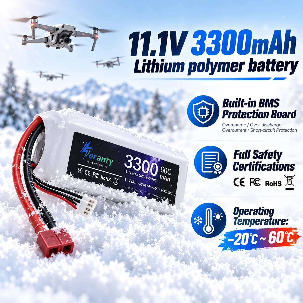 High Performance 11.1V 3S 3300mAh 60C LiPo Battery with XT60 Plug for FPV Freestyle Drone Quadcopter RC Airplane UAV