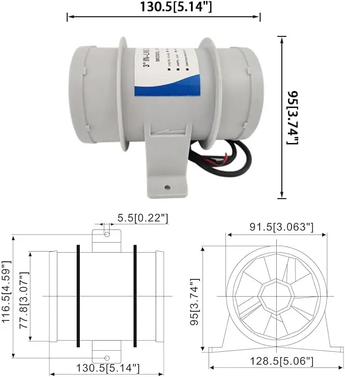 ISUR MARIN Boat In-Lin Marin Bilg Air Blowr Gry for 3 Inch Intrior Diamtr Vnt Hos Watr Rsistant 12 Volt