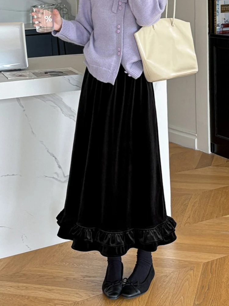 REALEFT Autumn Winter Vintage Dots Printed Thicken Velvet Women's A-line Skirts High Waist Casual Loose Umbrella Skirts Female