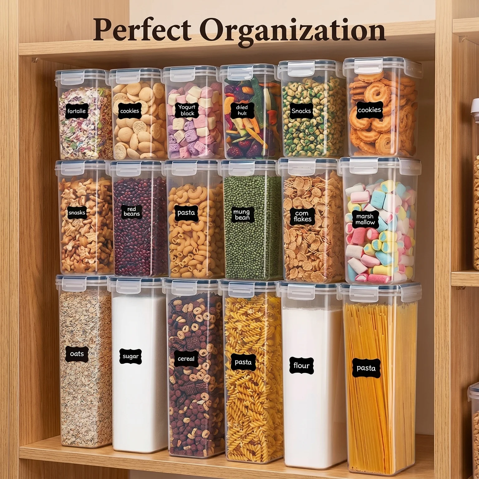 24 Pack Airtight Cereal Storage Containers Set BPA Free Clear Plastic Dry Food Storage Canisters Stackable Kitchen Pantry Organizer for Flour Pasta Rice Snacks with Labels