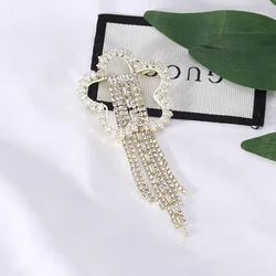 Dmari Luxury Jewelry Rhinestone Long Thread Tassel Drop Brooches Korean Fashion Bow Tie Lapel Pin For Women Clothing