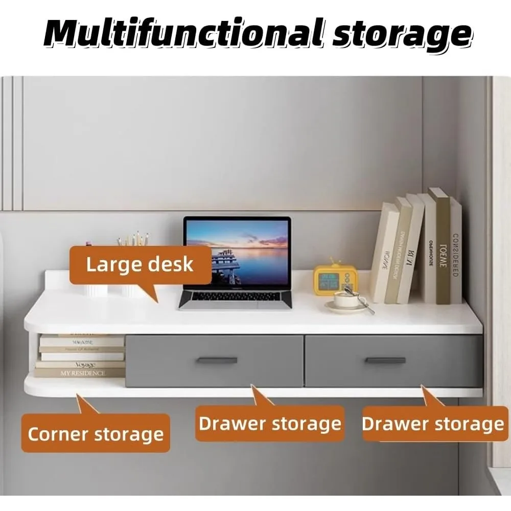 مكتب كمبيوتر خشبي أنيق مع أدراج ومنضدة عائمة حديثة وطاولة تزيين لحلول تخزين غرفة النوم