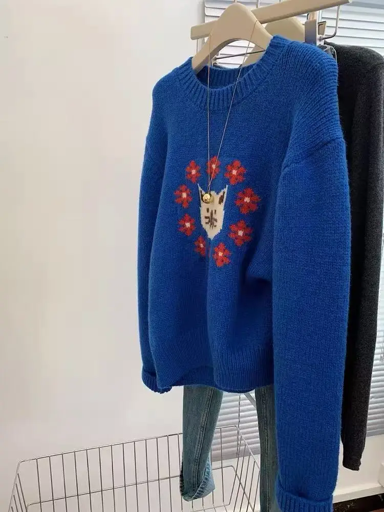 

Women's Cartoon Cat Pattern Blue Long Sleeved Pullover Sweater 2000s Clothes Fashion Female Vintage Autumn Knitted Sweater