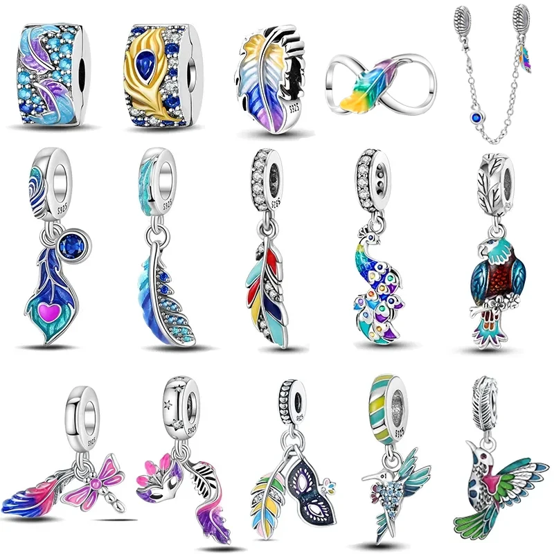 925 Sterling Silver Colorful Masquerade Series Sexy Mask Feather Dress Charms Beads Fit Pandora Original Bracelets DIY Jewelry