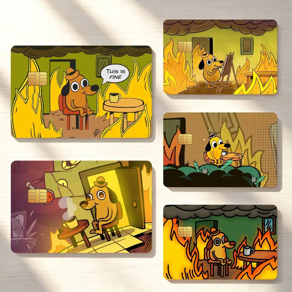 Cartoon This is Fine Dog Credit Card Sticker Waterproof Anti-Scratch 4PCS Bank Debit Traffic Cover Decoration