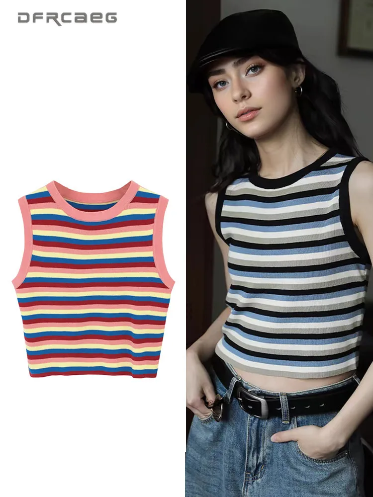 

Bodycon Striped Knit Tank Top Women Summer Camisole High Stretch Sleeveless Fitted Vest