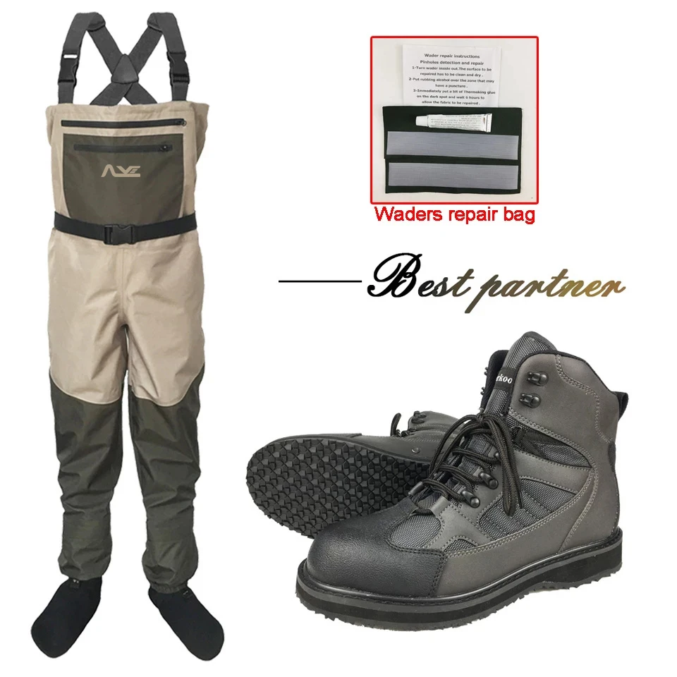 Fishing Waders, Fishing Boots, 3 Layer Waterproof Hunting Fishing Wading Clothes, Rubber or Felt Sole Reef Rock Fishing Shoes