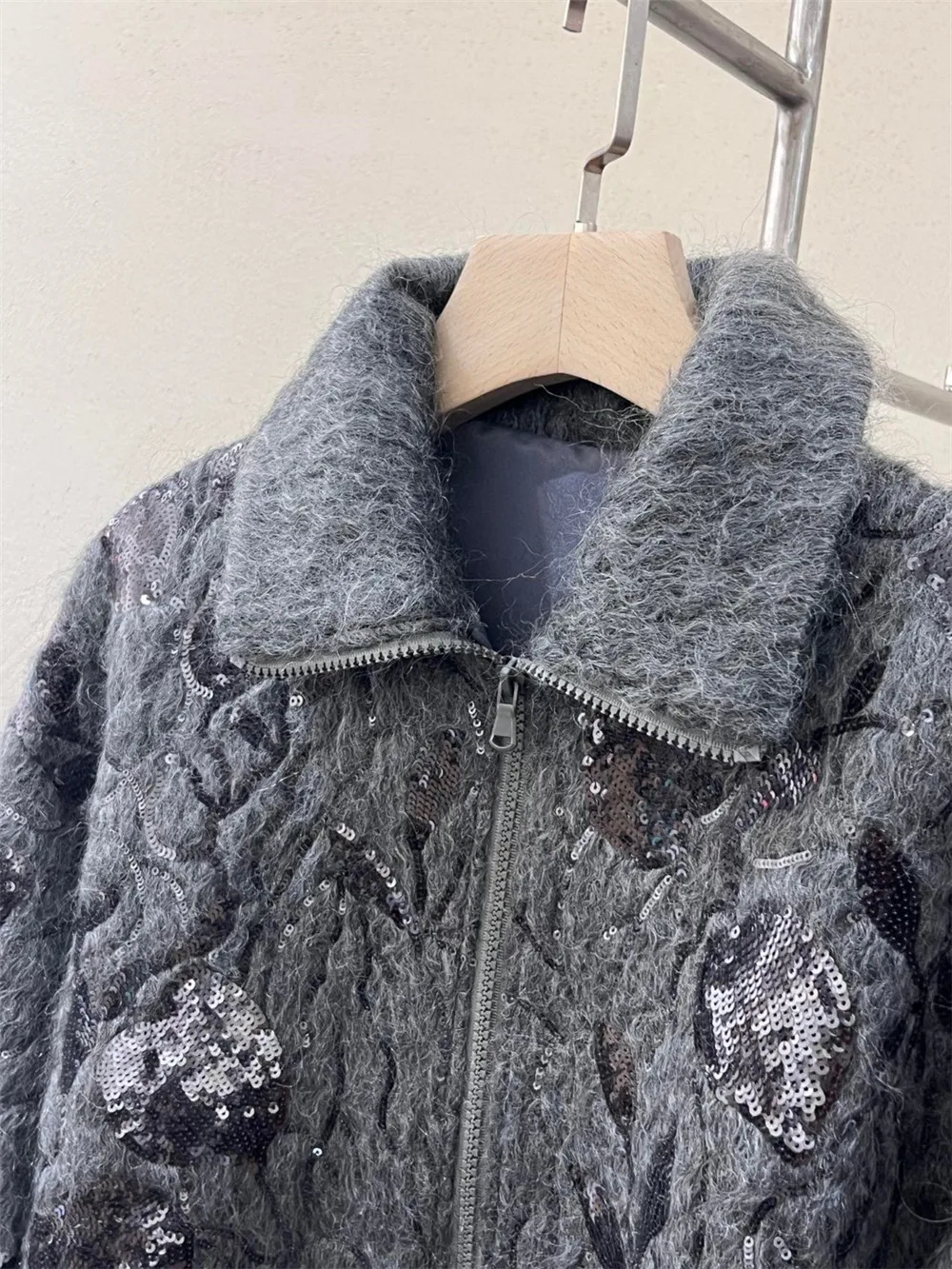 BC New Women's Sequined Zipper Jacket Wool Mohair Blend Lapel Zip Cardigan Coat