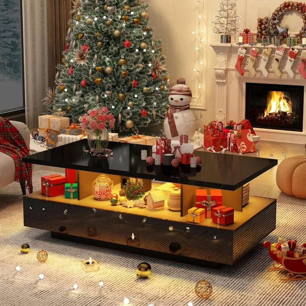LED Coffee Table W/ 2 Storage Drawers, High Glossy Coffee Tables W/60,000-Color Lights, Rectangle 2-Tier Center Table W/Shelf