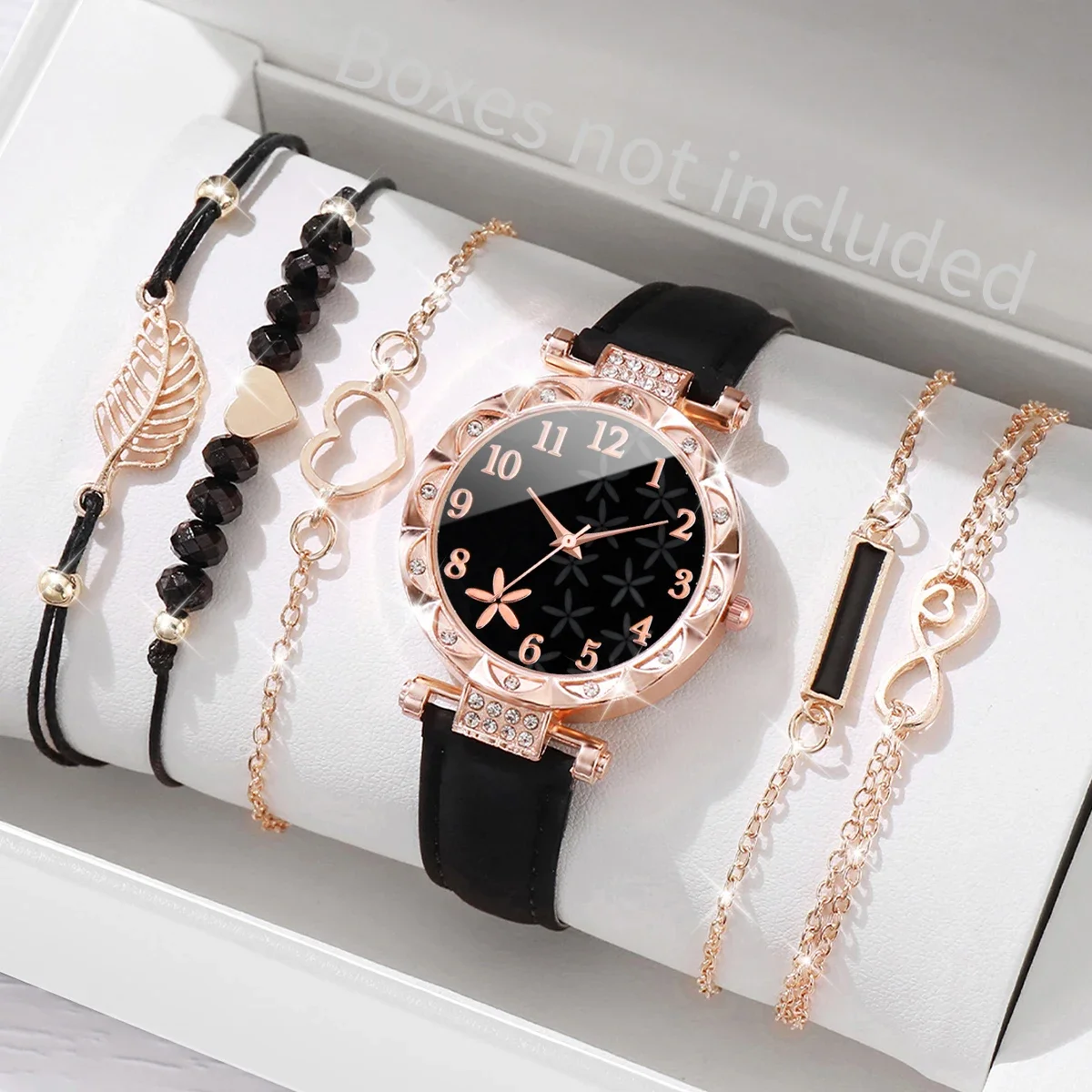 6PCS/Set Fashion Rhinestone Women Watches Heart Leaf Bracelets Set Female Flower Dial Leather Band Quartz Watch(Without Box)