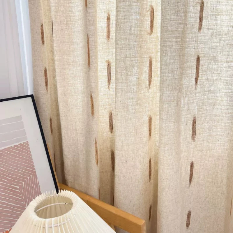 Cotton and Linen Log Vertical Grain Embroidery Thickened Window Screen Curtains for Living Room Bedroom French Window Balcony