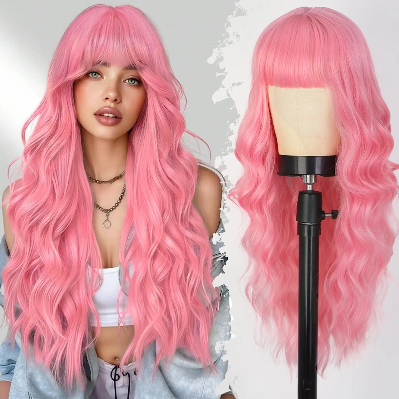 

New large wave synthetic wig - pink for party, Halloween cosplay, daily use wig, high-temperature hair accessory