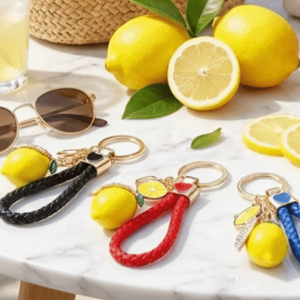 Süßer Zitronen-Schlüsselanhänger aus Legierung, kreativer Fruchtform-Anhänger mit geflochtenem Seil, Taschenanhänger, 3D-Metall-Schlüsselring, Geschenk – Detail 4
