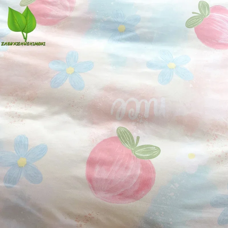 Ins Style Duvet Cover Set with Flat Sheet Pillowcases Cute Honey Peach Flower Printed Single Double Queen Size Girls Bedding Kit