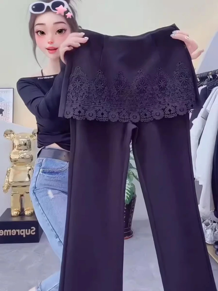 

Women black trousers 2026 new lace splice fart curtain slightly flared pant high waist fake two-piece cropped pants length 88cm