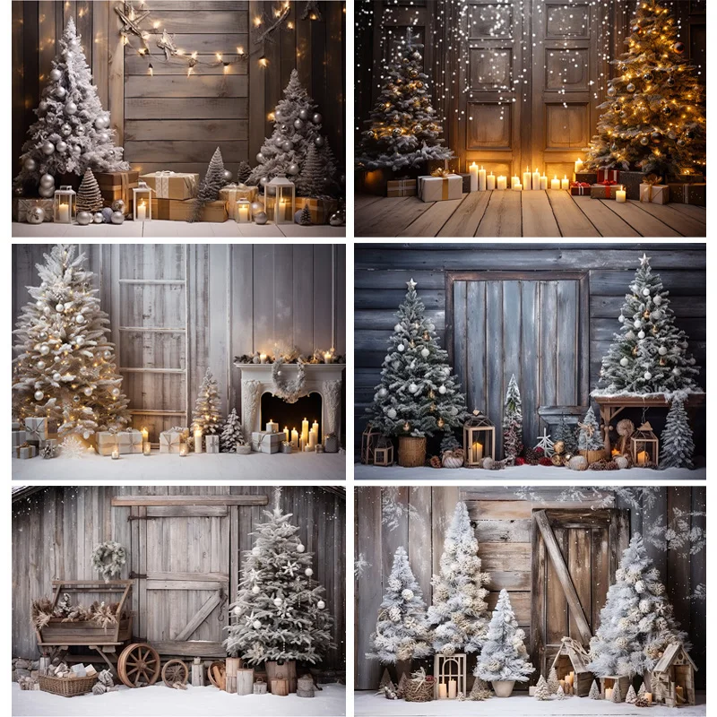 

Christmas Day Photography Backdrops Prop Fireplace Window Winter Xmas Tree Decoration Flower Garland Wood Door Background JU-03