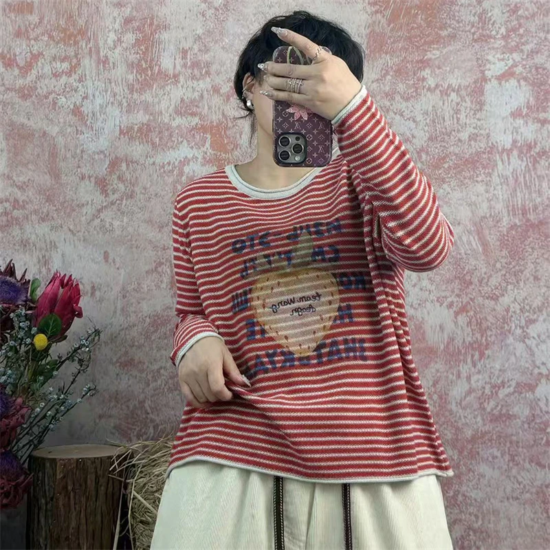 

Autumn and Winter New Women's O-neck Stripe Pullover 100% Cotton Fashion Soft Warm Sweater Loose Knitted Jacquard Women's Top